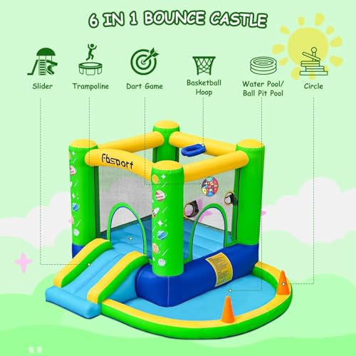 FBSPORT Inflatable Bounce House, Kids Bounce Castle Slide for Indoor Outdoor,Toddler Baby Jumper Bouncer, Kids Jumping Bouncy House with Blower, Ball Pit Pool, Basketball Hoop, Dart Game, Green - Thumbnail 2