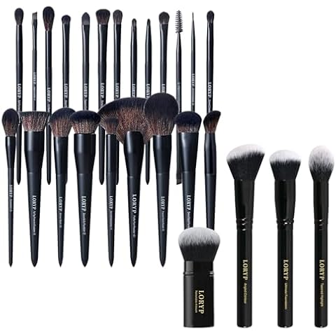 LORYP 4 Pcs Full Face Professional Makeup Brushes Set with Retractable Kabuki Airbrush and 21Pcs Powder Blush Foundation Concealer Highlighter Brush Vegan Pro Face and Eye Brush Kit Cover