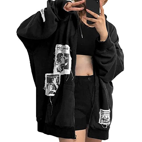 Alt Emo Clothes Women Oversized Zip Up Hoodies Rhinestone Y2k