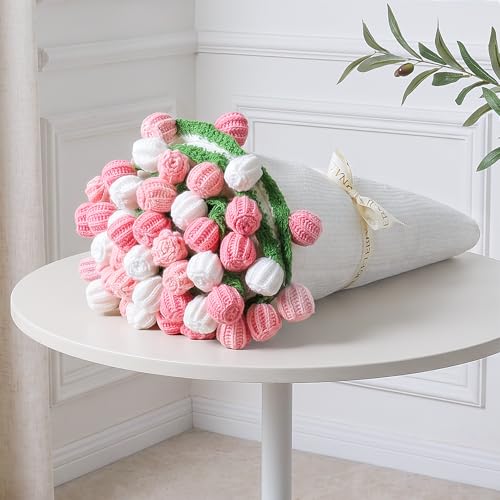 Crochet Flower Bouquet Throw Blanket 43inch Handmade Knitted Blanket with Rose Flowers Cute Romantic Gift for Her Girlfriend Mom Mothers Day Valentine Wedding Anniversary Birthday Pink and White