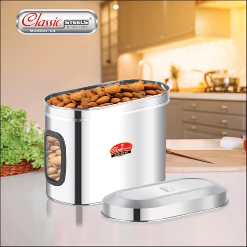 Image of Classic Steels Oval Stainless Steel Kitchen Storage Canisters with Transparent Window (1500 ml) | Airtight Food Containers for Pantry Organization | Mirror Finish, Rust-Proof, Dishwasher Safe