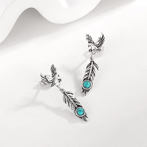 925 Sterling Silver Turquoise Feather Earrings Dangling America Western Eagle Feather Earrings Men Feather Jewelry Turquoise Western Style Gifts Hypoallergenic2