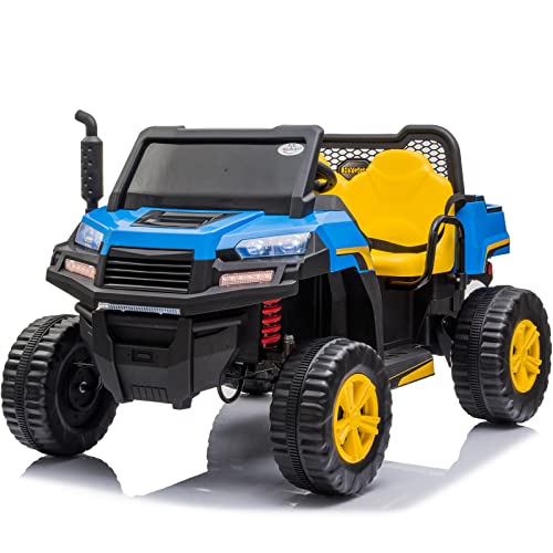 12V 10AH Ride on Dump Truck with 2 Seater, Battery Powered Electric Cars for Kids, Ride On Car with Remote Control, Kids Ride on Tractor with Dump Bed, Music, USB, Storage Toolbox (Blue)