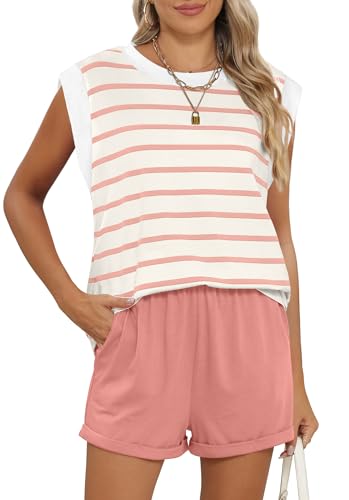 RUBZOOF Lounge Sets for Women Summer Casual Loungewear Two Piece Outfits Short Sets Striped Cap Sleeve Top Shorts Pink Stripe S