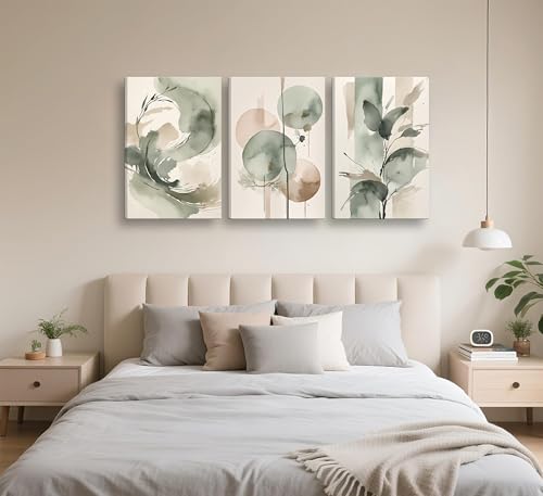 RYZQUBF 3pcs Framed Sage Green And Beige Abstract Canvas Wall Art by RYZQUBF - Used condition - Image 4