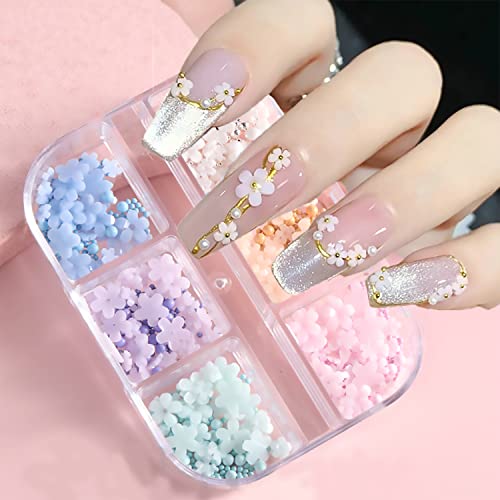 3D Flower Nail Charms Macaron Color 6 Grid Boxed Pearl Light Floral Nail Accessories Acrylic Flowers For Nails Light Change Pink White Blue Cherry Blossom Nail Art Supplies Manicure Diy Nail Decorations #TOP26