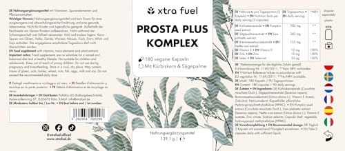 Prosta Plus Komplex - 180 Prostata Kapseln hochdosiert - einzigartige Formel aus Kürbiskern-, Sägepalmen-, Brennnesselwurzelextrakt mit Zink, Vitamin E & Selen - geprüfte Prostata Komplex Kapseln