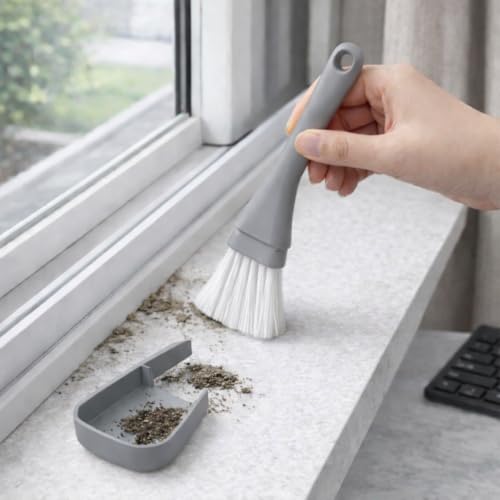 Spazzola per la pulizia delle fessure, con setole rigide e bordo raschiante integrato, per cucina, finestra, tastiera, lavello, angolo, grigio
