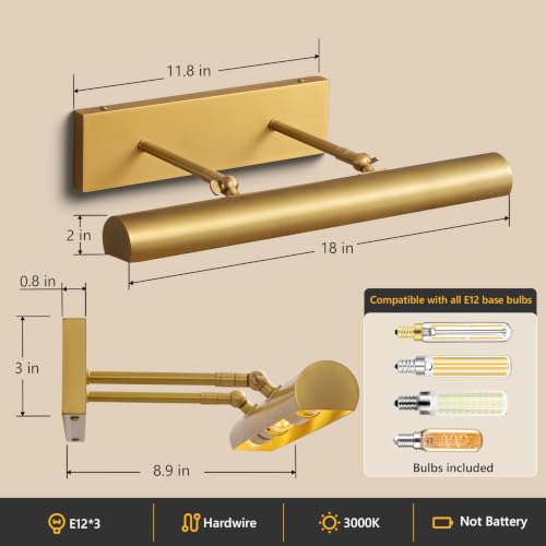 Image of 18 Inch Picture Light Hardwired Brass for Wall Gold Gallery Light, Adjustable 270 Dimmable Art Light Deco Sconce Lights for Painting Photo Artwork Library