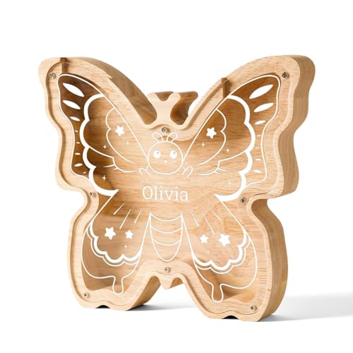 Image of Wooden Butterfly Piggy Banks Coin Bank for Kids | Custom Gifts for Kids Easter Birthday Decor, Wooden Cashbox Money Jar Educational Toy for Boys Girls