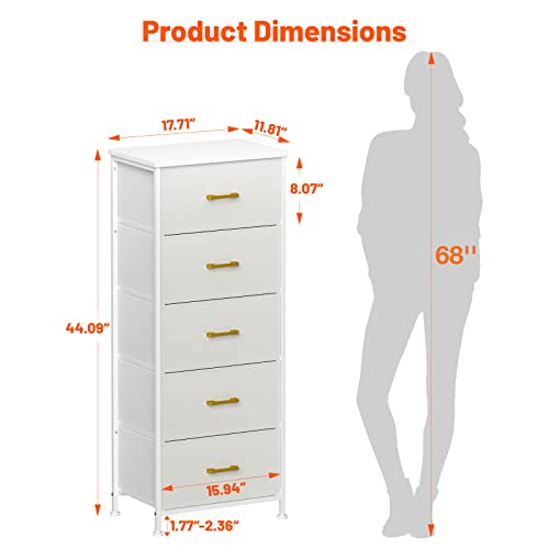 Yilqqper Dresser For Bedroom With 5 Drawers, Tall Storage Tower For Closet, Living Room, Nursery, White Dresser With Sturdy Steel Frame, Fabric Bins, Leather Finish, Wood Top (Glacier White) #TOP5