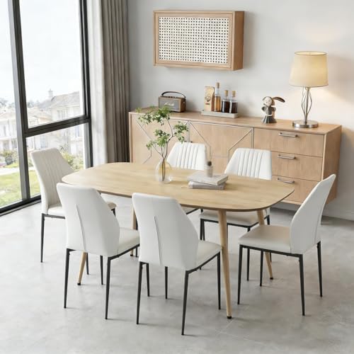JIEXI Modern Dining Table Set for 6 - Wood Table Resistant Surface & 6pcs U-Shaped Chairs Kitchen & Dining Room Furniture Ideal for Small Spaces (Wood Grain Finish + White 1 Table + 6 Chair)