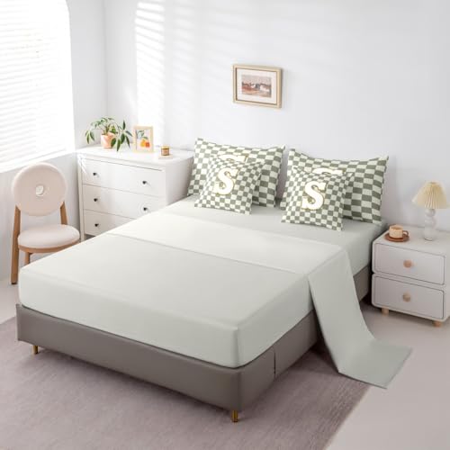 Image of Erosebridal Sage Green Checkered Full Comforter Set with Sheets 7 Piece Plaid Initial S Bed in A Bag Personalized Monogram Bedding Sets for Kids Adults,Fashion Grids Gingham Bed Set