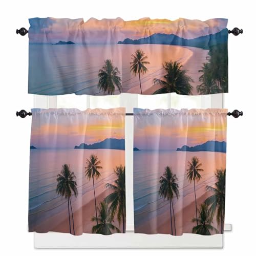 Beach Kitchen Curtains 24 Inch Length,3 Piece Rod Pocket Small Half Tiers and Valance Set,Palm Tree Ocean Sunset Nature Sky Cloud Scenery Small Large Window Treatment Decor for Bedroom/Bathroom Sink