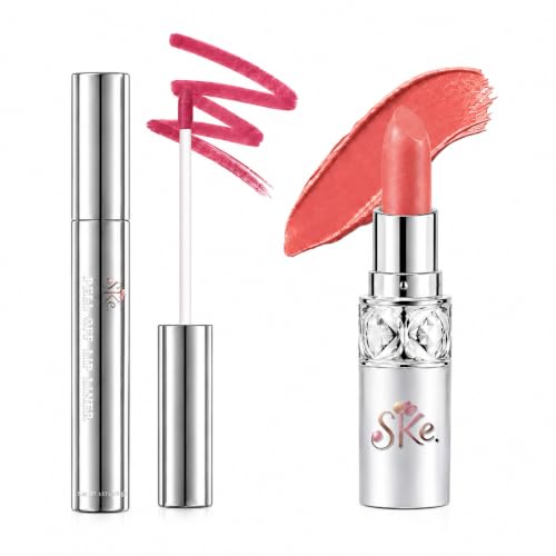 2-in-1 Peel Off Lip Stain & Lipstick Set for Women Rose Pink Lip Liner + Peach Metallic Lipstick Long Lasting Waterproof Transfer-Proof Kiss-Proof Lip Tint with Hyaluronic Acid & Vitamin E