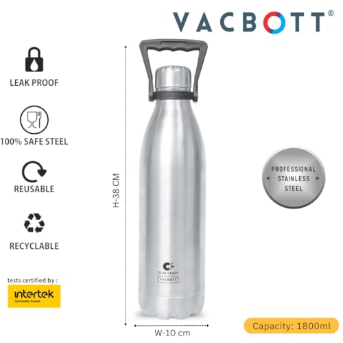 Image of Clay Craft VACBOTT Stark Double Walled 18 Hours Hot and 24 Hours Cold Water Flask Bottle-1800ML, Leak Proof|Easy to Carry|Gym Bottle|Kitchen|Hiking|Travel Bottle|BIS Certified|1 Year Limited Warrnaty