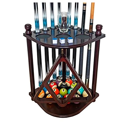 GACCO BILLIARDS Pool Cue Rack Hold up to 8 Sticks & Billiard Accessories. Floor Stand Pool Cue Stick Holder Made of 100% Solid Hardwood.(Traditional Mahogany)