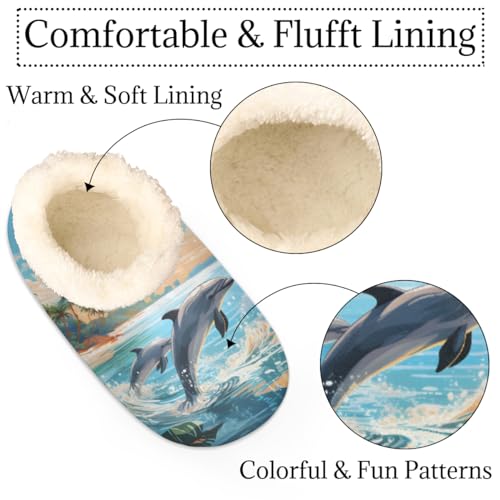 Sea Beach Dolphin Slippers for Women Men, Ocean Animal House Slippers Socks Warm Fuzzy Memory Foam Indoor Slippers Lightweight Cozy Anti-Skid Closed Back Home Shoes, Medium2