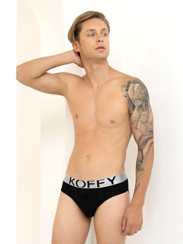 Image of KOFFY Men's Premium Cotton Lycra Brief with Minus Cutting Pouch| Silver Metallic Elastic| 4 Way Stretch| Wrinkle Free| Pack of 1
