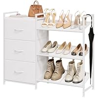 Somdot Shoe Rack with 3 Drawers, 3 Tier Metal Shoe Storage Shelves with Fabric Bins, 6-9 Pairs Shoe Organizer for Entryway Closet Living Room Dorm, White Leather