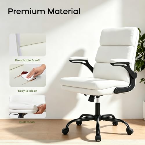 Office Chair Adjustable Desk Chair Mid Back Executive Comfortable Bonded Leather Ergonomic Back Support Home Computer Chair with Padded Flip-up Armrest Swivel Wheels (White) image 3