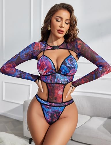 Image of Avidlove Rave Outfits for Women Festival Sexy Lingerie Bodysuit 2 Piece | Buckle shrug crop top halter bodysuit set, snap closure, breathable mesh, for concerts and club nights