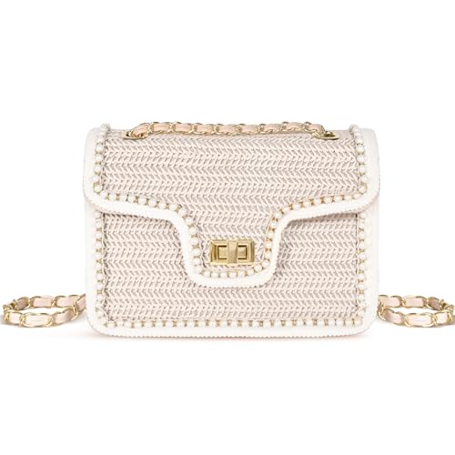 Image of Straw Crossbody Bags for Women, Summer Fashion Straw Purses and Handbags Shoulder Raffia Clutch Bag with Pearls