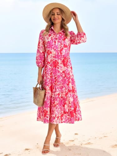 Image of Wenrine Womens Casual 3 /4 Sleeve Shirt Dress Button Down Flowy Maxi Dress