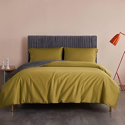 OCHS LIFESTYLE Duvet Cover Set - 400 Thread Count Cotton Luxurious King Duvet Cover with 2 Pillowcases (Mustard Yellow and Metal Grey) Cover