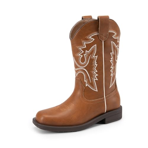 DREAM PAIRS Boys Girls Cowboy Boots Toddler Mid Calf Western Boots Square Toe Riding Boots for Kids 10 Toddler Brown