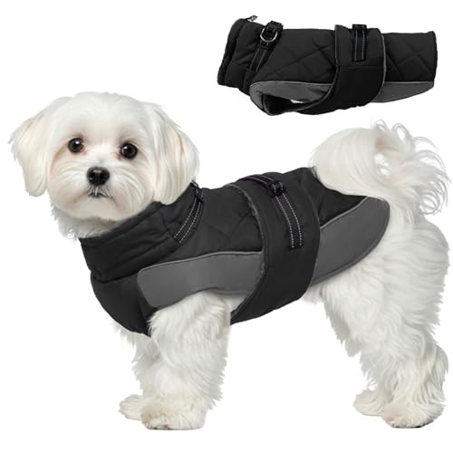 Katzinst Mantel Hund Hundejacke, Hundemantel mit Geschirr und Reflektierenden Streifen, Fleece Hundemantel für Kleine Hunde, Warmer Mantel für Hund Zwergschnauzer, Schwarz，S