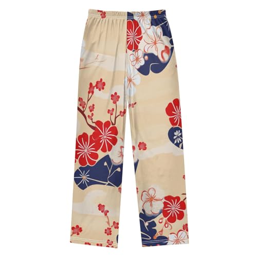 Spring Plum Flowers Boys Long Pants Soft Trousers Elastic Waist Kids Lounge Bottoms with Pockets S-XL2