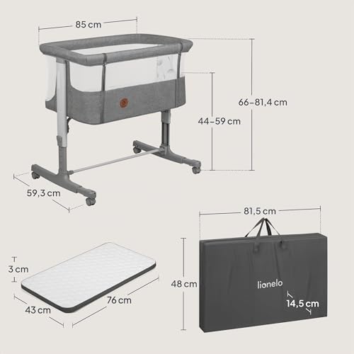 Miniatura 10 de Lionelo Aurora Cuna 3 En 1 Hasta 9 Kg, Cuna De Colecho, Cuna Mecedora, Ajuste De Altura E Inclinación Del Colchón, 4 Ruedas Con Freno, Colchón Ergonómico, Bolsa Grey Concrete Grey Concrete