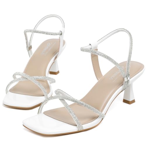 Image of Susanny Women's Closed Toe Rhinstone Wedding Low Heel Slingback Clear Kitten Heels,Adjustable Strap Pointed Toe Bow Pumps High Heeled Prom Dress Shoes