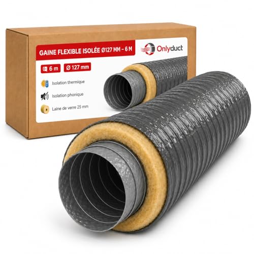 Onlyduct Gaine VMC Isolée 125mm 6m - Laine de Verre 25mm - PVC Sans Phtalate - Conduit Flexible Simple et Double Flux - Tuyau Ventilation Qualité Européenne