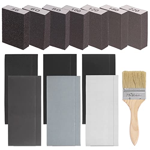 Glarks Juego de 20 esponjas abrasivas de grano 36 – 220, grano medio, esponja de lija blanca de grano 240 – 5000 y 1 cepillo, ideal para madera, metal
