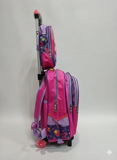 Image of Kids 17 Inch School Backpack Combo Set - Lunch Box Bag & Stationery Pouch | Trolley Bag with 2 Wheels | Durable Polyester Carry-on Travel & School Bag for Boys (Pink 2)