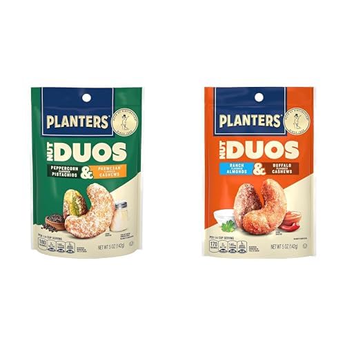 Bundle of PLANTERS Nut Duos Peppercorn Pistachio & Parmesan Cashews, 5 Oz Bag + Ranch Almonds & Buffalo Cashews, 5 Oz Bag