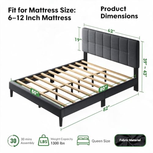Image of Marsail Queen Bed Frame with Headboard,Sturdy Bed Frame with Solid Bed Slat