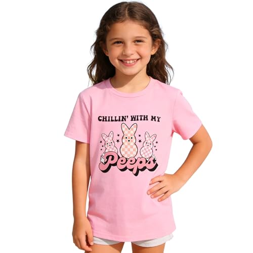 Image of CM C&M WODRO Kid Girl Easter Bunny T-Shirt Chillin' with My Peeps Shirt Short Sleeve Funny Happy Easter Graphic Tees Tops