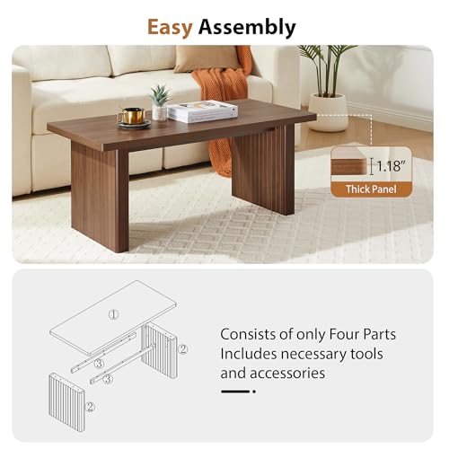 Image of Rectangular Fluted Coffee Table, Farmhouse Wood Coffee Table Mid Century Modern Center Table Boho Living Room Tables for Living Room Office (Walnut, 19.69 inch D x 43.3 inch W x 17.72 inch H)