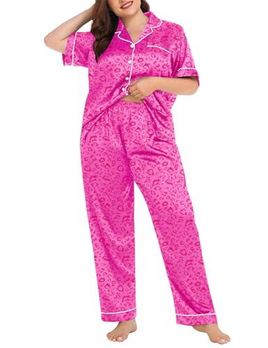 Image of SWOMOG Women's Plus Size Pajamas Silk Satin Pajama Set Short Sleeve Shirt with Full-Length Pants Pjs Sleepwear Set 18W-26W