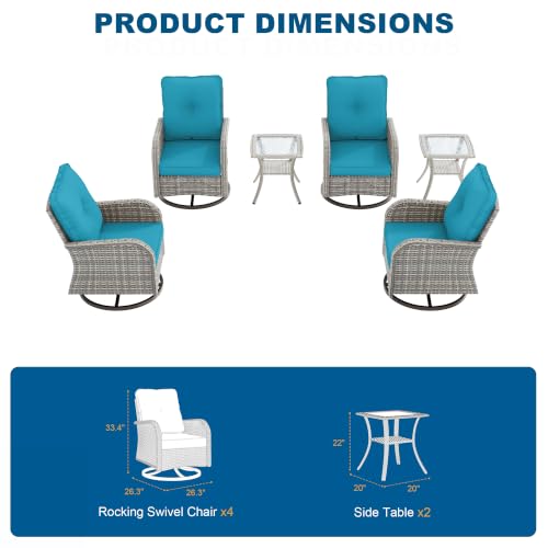 Image of 6-Piece Small Patio Furniture Set, Outdoor Swivel Rocking Chairs Set with Wicker Chairs and Tempered Glass Side Table, Outdoor Furniture Patio Bistro Set for Balcony, Deck, Porch