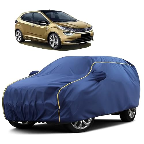 Image of Sulfar 100% Water Resistant Car Body Cover Compatible with Mirror for Tata Altroz (Triple Stitched, Full Bottom Elastic, Blue Taffeta with Yellow Piping)