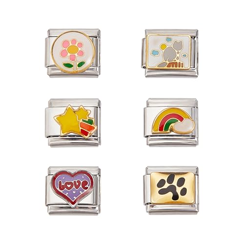 NICENEEDED - NICENEEDED 6 Pcs 9mm Italian Bracelet Charm, Stainless Steel Module Charms, Interlocking Modular Links Cute Handmade Bracelet Charm Traditional Italian Charms for DIY Jewelry Gifts