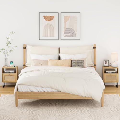 Image of Rattan Nightstand with Charging Station, Boho Night Stand Farmhouse Wood Bedside Table with Storage and Open Shelf, End Side Accent Table for Bedroom,Living Room,Oak