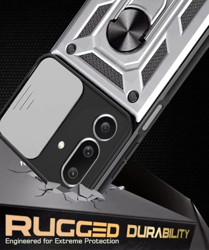 Image of WOW IMAGINE Tough Armor Bumper Mobile Back Case for Samsung Galaxy M36 5G | Sliding Camera Shield Cover | Shock Proof 360 Protection | Hybrid PC + TPU | Ring Holder with Kickstand - Silver