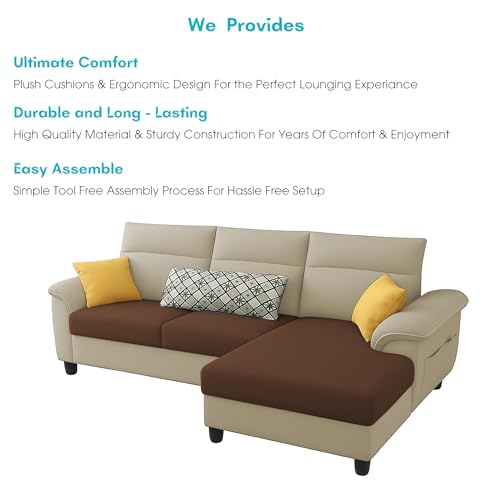Image of Casaliving Seams RHS 4 Seater L Shape Sofa for Living Room (Cream Brown Fabric) Premium Fabric Sofa
