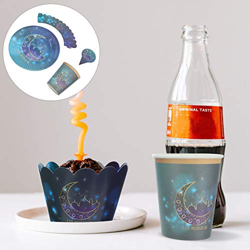 jojofuny Conjunto de utensílios de mesa de papel Eid Mubarak, copos de papel, pratos, topos de bolo,