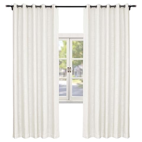 Macochico Luxury Linen Textured Curtains with Blackout Lining Antique Bronze Grommet Room Darkening Drapes Panels Window for Living Room Front Doors Beige White 100W x 84L(1 Panel) Cover